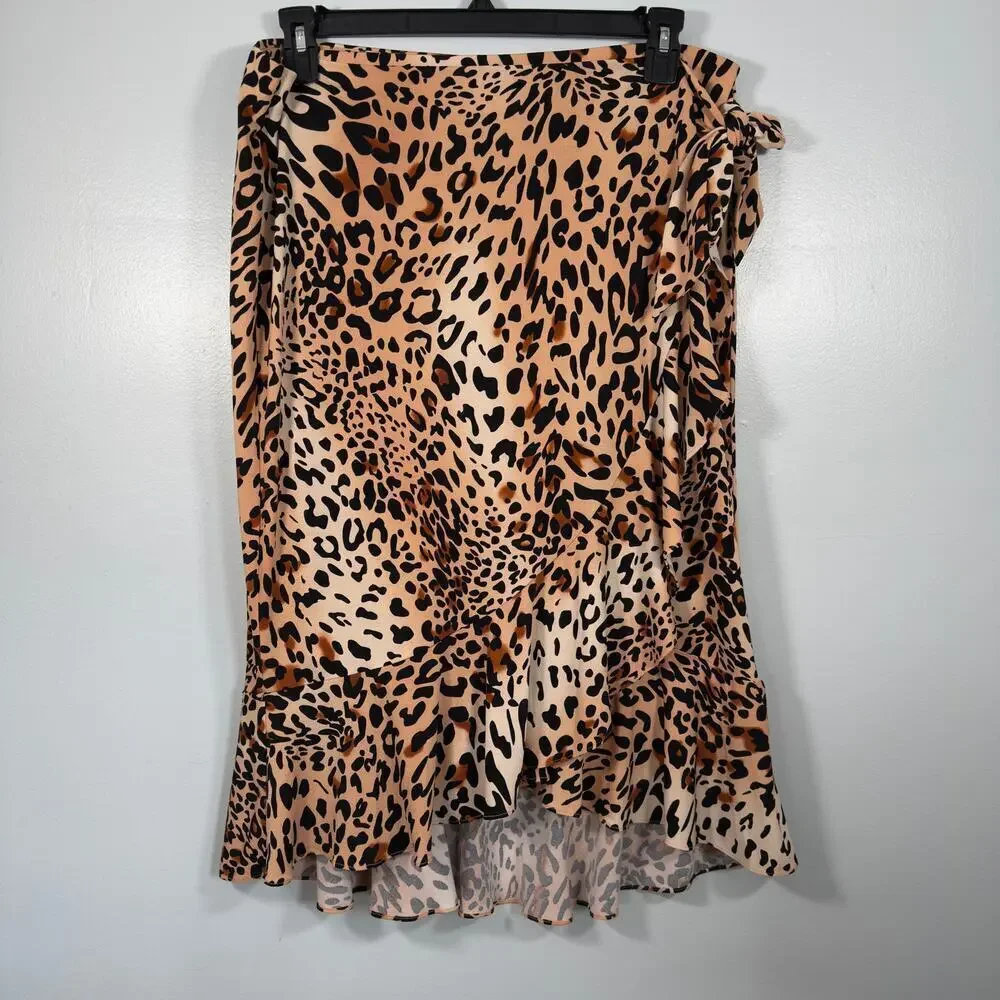 Y2K ECI Leopard Wrap Skirt Ruffle Hem Midi Animal Print Trend Mob Wife Aesthetic